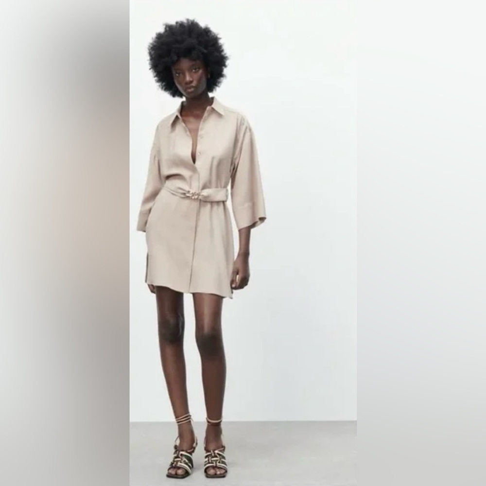 NWT Zara LINEN Blend CHAIN LINK Belt Shirt Dress Khaki/Beige Medium 3/4 Sleeves